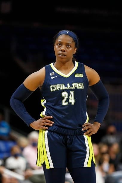 Arike Ogunbowale of the Dallas Wings looks on during the game against the Indiana Fever on August 20, 2021 at the College Park Center in Arlington,...