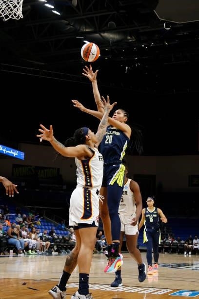Isabelle Harrison of the Dallas Wings shoots the ball during the game against the Indiana Fever on August 20, 2021 at the College Park Center in...