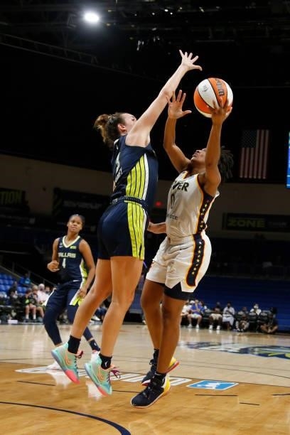 Kelsey Mitchell of the Indiana Fever shoots the ball during the game against the Dallas Wings on August 20, 2021 at the College Park Center in...