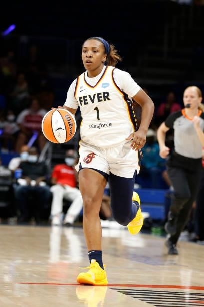 Aaliyah Wilson of the Indiana Fever dribbles the ball during the game against the Dallas Wings on August 20, 2021 at the College Park Center in...