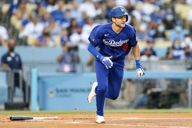 Trea Turner of the Los Angeles Dodgers runs to first during the game between the New York Mets and the Los Angeles Dodgers at Dodgers Stadium on...