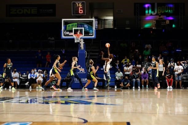 Danielle Robinson of the Indiana Fever shoots the ball during the game against the Dallas Wings on August 20, 2021 at the College Park Center in...