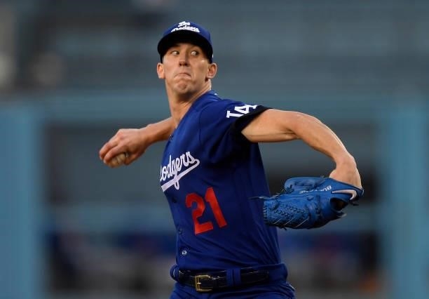 Starting pitcher Walker Buehler of the Los Angeles Dodgers, wearing the Dodgers' new uniform "Los Dodgers