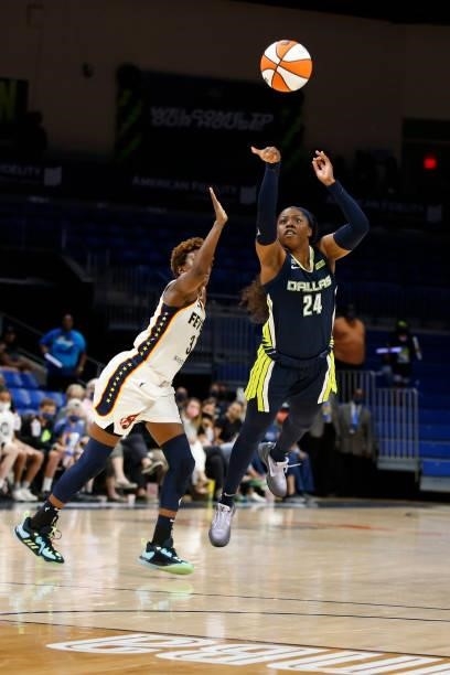 Arike Ogunbowale of the Dallas Wings shoots the ball during the game against the Indiana Fever on August 20, 2021 at the College Park Center in...