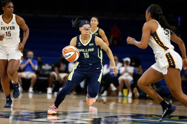 Allisha Gray of the Dallas Wings handles the ball during the game against the Indiana Fever on August 20, 2021 at the College Park Center in...