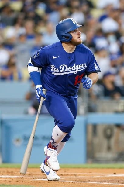 Max Muncy of the Los Angeles Dodgers bats during the game between the New York Mets and the Los Angeles Dodgers at Dodgers Stadium on Friday, August...
