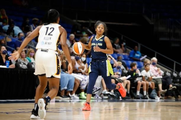 Tyasha Harris of the Dallas Wings dribbles the ball during the game against the Indiana Fever on August 20, 2021 at the College Park Center in...