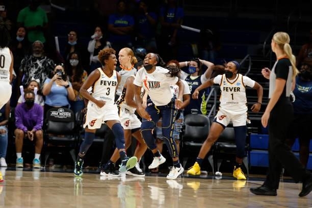 Danielle Robinson of the Indiana Fever celebrates during the game against the Dallas Wings on August 20, 2021 at the College Park Center in...