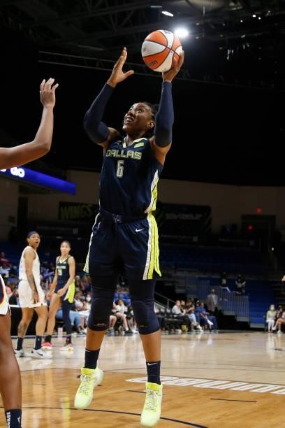 Kayla Thornton of the Dallas Wings shoots the ball during the game against the Indiana Fever on August 20, 2021 at the College Park Center in...
