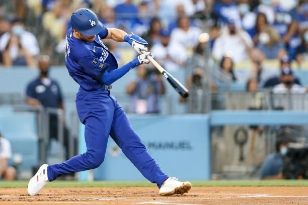 Trea Turner of the Los Angeles Dodgers bats during the game between the New York Mets and the Los Angeles Dodgers at Dodgers Stadium on Friday,...