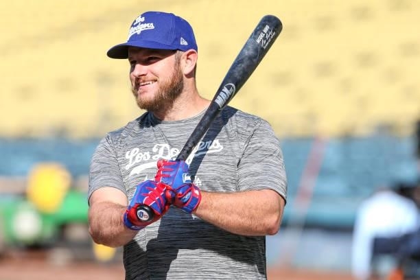 Max Muncy of the Los Angeles Dodgers is seen during batting practice before the game between the New York Mets and the Los Angeles Dodgers at Dodgers...