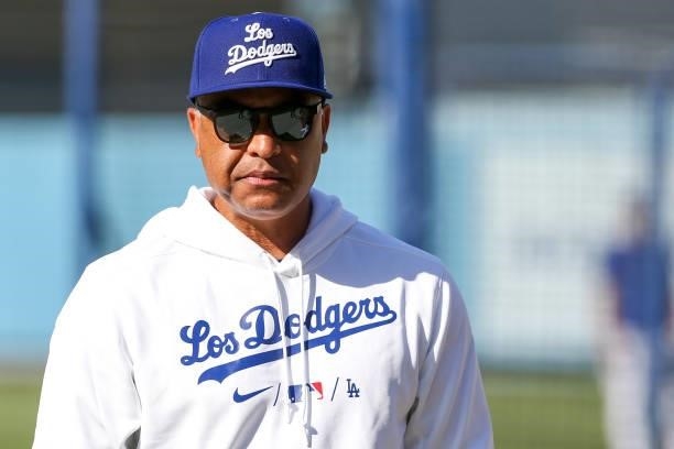 Dave Roberts of the Los Angeles Dodgers is seen during batting practice before the game between the New York Mets and the Los Angeles Dodgers at...