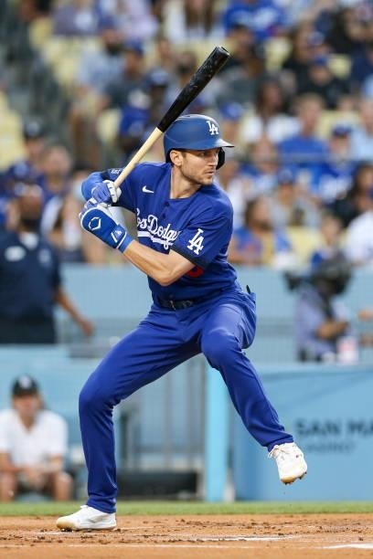 Trea Turner of the Los Angeles Dodgers bats during the game between the New York Mets and the Los Angeles Dodgers at Dodgers Stadium on Friday,...