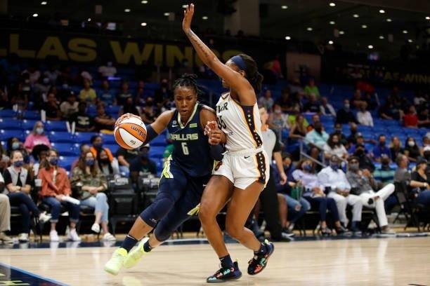 Kayla Thornton of the Dallas Wings drives to the basket during the game against the Indiana Fever on August 20, 2021 at the College Park Center in...