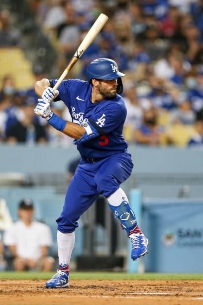 Chris Taylor of the Los Angeles Dodgers bats during the game between the New York Mets and the Los Angeles Dodgers at Dodgers Stadium on Friday,...