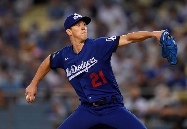 Starting pitcher Walker Buehler of the Los Angeles Dodgers, wearing the Dodgers new uniform, throws during the second against the New York Mets at...