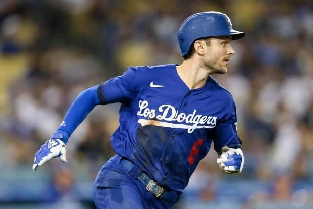 Trea Turner of the Los Angeles Dodgers runs during the game between the New York Mets and the Los Angeles Dodgers at Dodgers Stadium on Friday,...