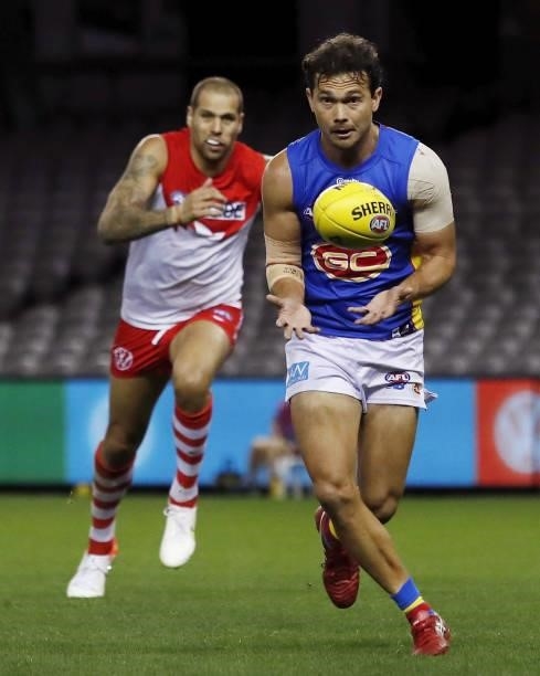Jarrod Harbrow of the Suns in action during the 2021 AFL Round 23 match between the Sydney Swans and the Gold Coast Suns at Marvel Stadium on August...