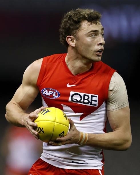 Will Hayward of the Swans looks on during the 2021 AFL Round 23 match between the Sydney Swans and the Gold Coast Suns at Marvel Stadium on August...