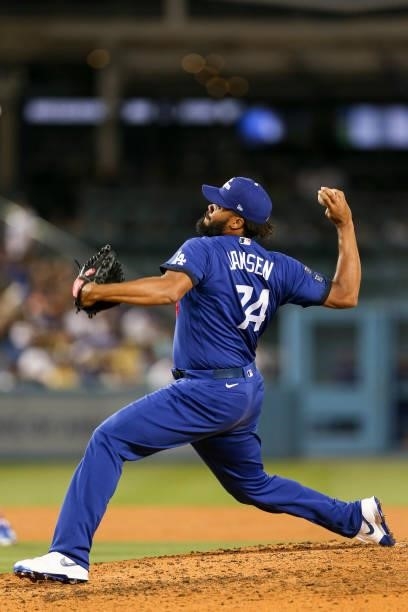 Kenley Jansen of the Los Angeles Dodgers pitches during the game between the New York Mets and the Los Angeles Dodgers at Dodgers Stadium on Friday,...