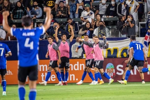The San Jose Earthquakes celebrate a goal during the game against Los Angeles Galaxy at the Dignity Health Sports Park on August 20, 2021 in Carson,...