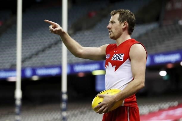 Harry Cunningham of the Swans looks on during the 2021 AFL Round 23 match between the Sydney Swans and the Gold Coast Suns at Marvel Stadium on...
