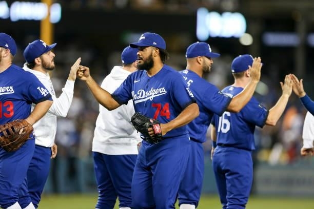 Kenley Jansen of the Los Angeles Dodgers celebrates with teammates after the game between the New York Mets and the Los Angeles Dodgers at Dodgers...