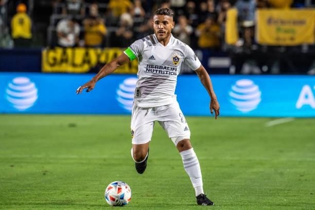 Jonathan dos Santos of Los Angeles Galaxy controls the ball during the game against San Jose Earthquakes at the Dignity Health Sports Park on August...