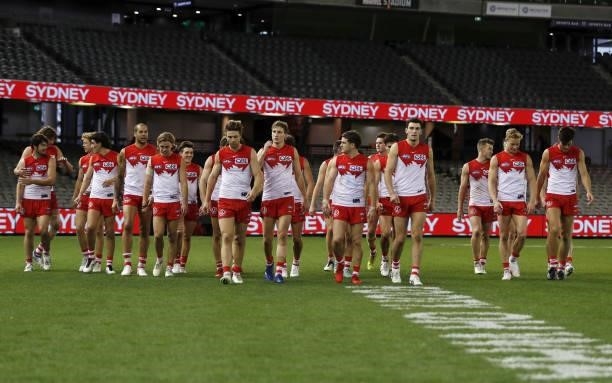 The Sydney Swans leave the field after a win during the 2021 AFL Round 23 match between the Sydney Swans and the Gold Coast Suns at Marvel Stadium on...