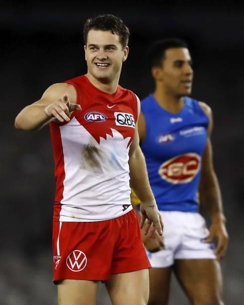 Tom Papley of the Swans celebrates a goal during the 2021 AFL Round 23 match between the Sydney Swans and the Gold Coast Suns at Marvel Stadium on...
