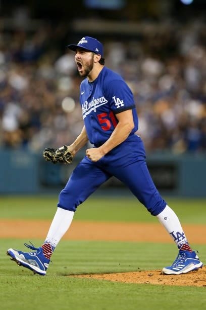Alex Vesia of the Los Angeles Dodgers reacts during the game between the New York Mets and the Los Angeles Dodgers at Dodgers Stadium on Friday,...
