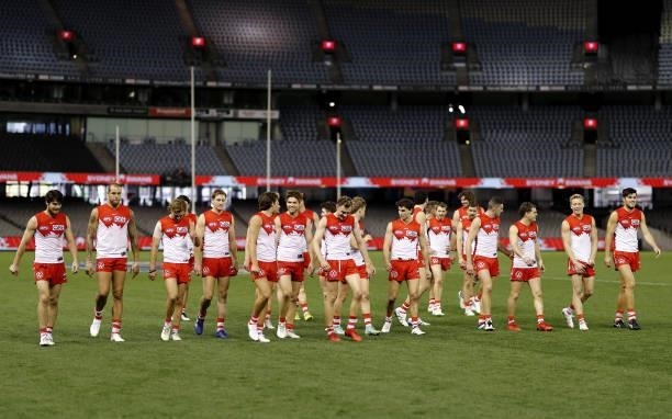 The Sydney Swans leave the field after a win during the 2021 AFL Round 23 match between the Sydney Swans and the Gold Coast Suns at Marvel Stadium on...