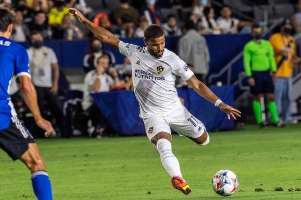 Samuel Grandsir of Los Angeles Galaxy takes a shot during the game against San Jose Earthquakes at the Dignity Health Sports Park on August 20, 2021...