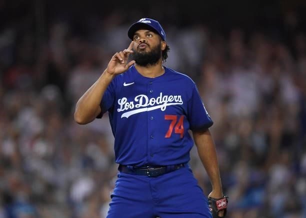 Closer Kenley Jansen of the Los Angeles Dodgers celebrates after defeating the New York Mets, 3-2, at Dodger Stadium on August 20, 2021 in Los...