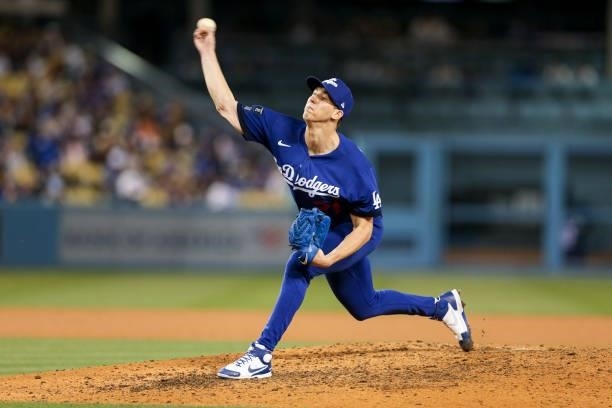 Walker Buehler of the Los Angeles Dodgers pitches during the game between the New York Mets and the Los Angeles Dodgers at Dodgers Stadium on Friday,...