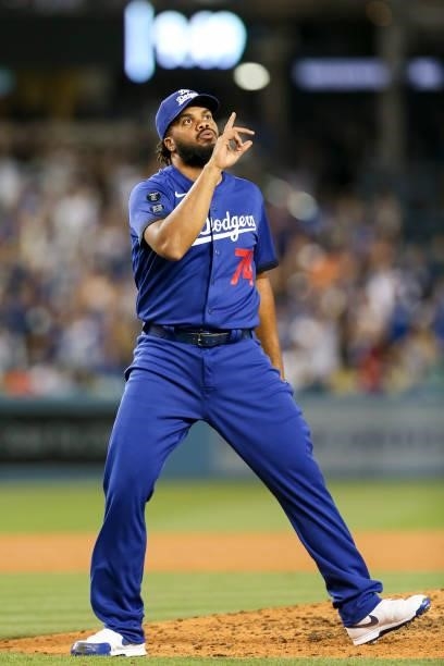 Kenley Jansen of the Los Angeles Dodgers celebrates after the game between the New York Mets and the Los Angeles Dodgers at Dodgers Stadium on...
