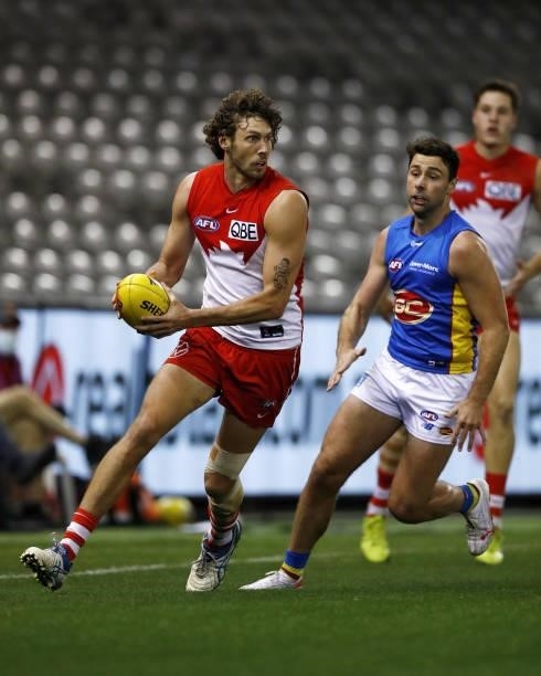 Tom Hickey of the Swans looks on during the 2021 AFL Round 23 match between the Sydney Swans and the Gold Coast Suns at Marvel Stadium on August 21,...