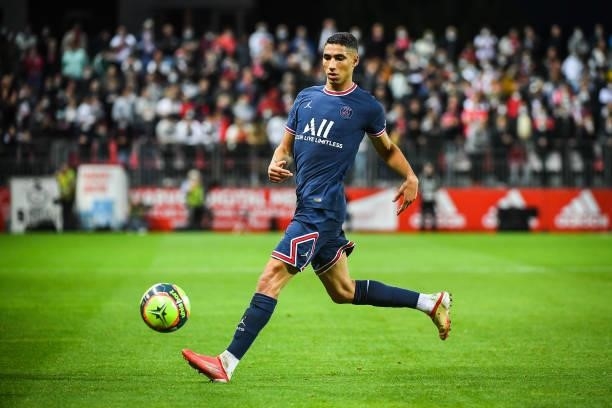 Achraf HAKIMI of PSG during the Ligue 1 Uber Eats match between Brest and Paris Saint Germain at Stade Francis Le Ble on August 20, 2021 in Brest,...