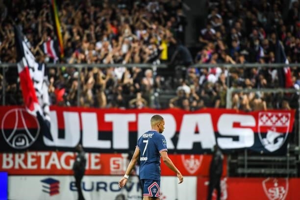 Kylian MBAPPE of PSG during the Ligue 1 Uber Eats match between Brest and Paris Saint Germain at Stade Francis Le Ble on August 20, 2021 in Brest,...