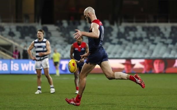 Max Gawn of the Demons kicks a goal to win the match after the final siren during the 2021 AFL Round 23 match between the Geelong Cats and the...