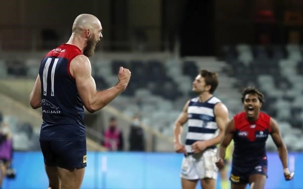 Max Gawn of the Demons celebrates a goal to win the match after the final siren during the 2021 AFL Round 23 match between the Geelong Cats and the...