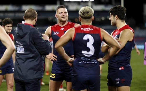 Steven May of the Demons celebrates during the 2021 AFL Round 23 match between the Geelong Cats and the Melbourne Demons at GMHBA Stadium on August...