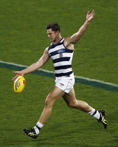 Tom Hawkins of the Cats kicks the ball during the 2021 AFL Round 23 match between the Geelong Cats and the Melbourne Demons at GMHBA Stadium on...