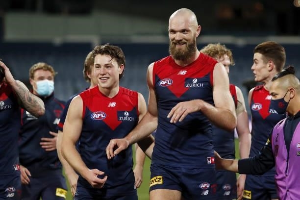 Max Gawn of the Demons celebrates during the 2021 AFL Round 23 match between the Geelong Cats and the Melbourne Demons at GMHBA Stadium on August 21,...