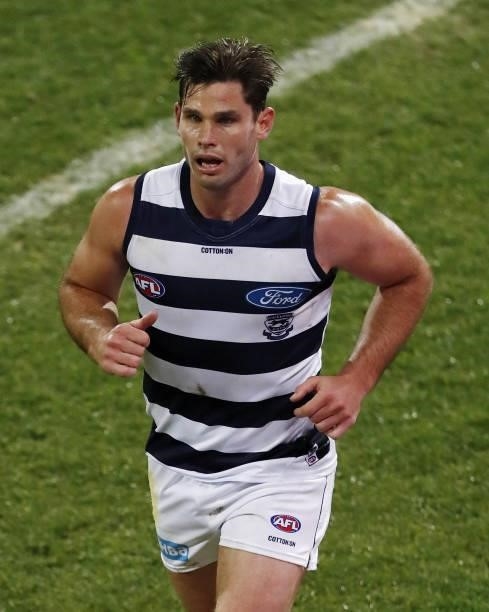 Tom Hawkins of the Cats leaves the field during the 2021 AFL Round 23 match between the Geelong Cats and the Melbourne Demons at GMHBA Stadium on...