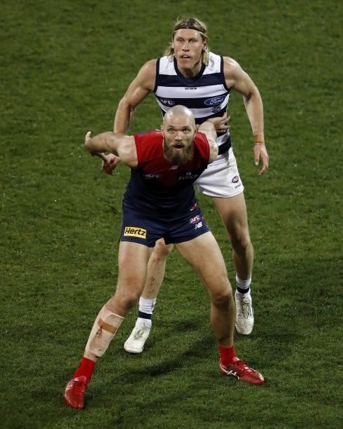 Max Gawn of the Demons and Mark Blicavs of the Cats compete for the ball during the 2021 AFL Round 23 match between the Geelong Cats and the...