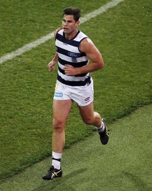 Tom Hawkins of the Cats leaves the field during the 2021 AFL Round 23 match between the Geelong Cats and the Melbourne Demons at GMHBA Stadium on...