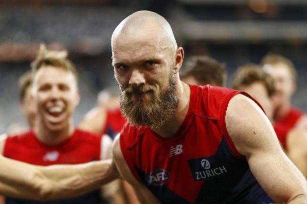 Max Gawn of the Demons celebrates during the 2021 AFL Round 23 match between the Geelong Cats and the Melbourne Demons at GMHBA Stadium on August 21,...