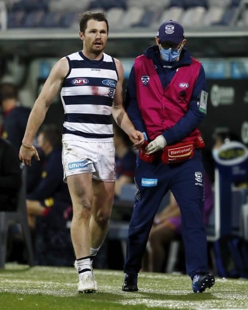 Patrick Dangerfield of the Cats leaves the field during the 2021 AFL Round 23 match between the Geelong Cats and the Melbourne Demons at GMHBA...