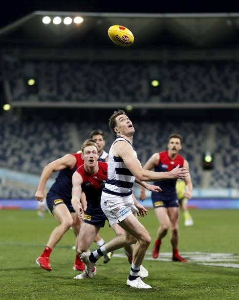 Jeremy Cameron of the Cats looks on during the 2021 AFL Round 23 match between the Geelong Cats and the Melbourne Demons at GMHBA Stadium on August...